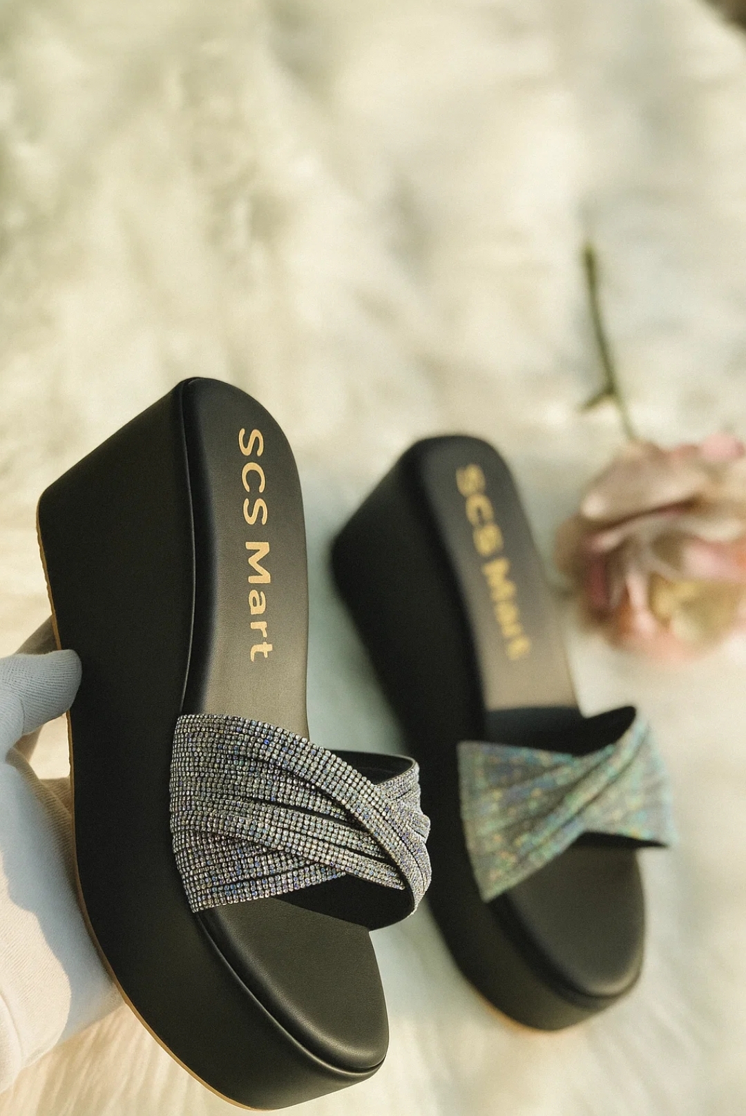 SCS Mart Stylish Black Platform Heels for Women – Sparkling Crystal Strap Wedge Sandals | Party & Casual Wear
summer collection color black