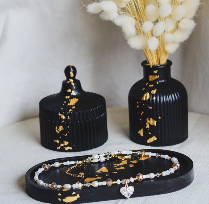 3 Pcs Set of Home Decor  1x Ribbed Concrete Mini Flower Vase, 1x Ribbed Concrete Trinket Jewellery Storage Box & 1x Oval Shaped Concrete Trinket Tray  Storage & Organisation  Decorative Accents  Jewellery Armoires & Boxes  Gift Sets