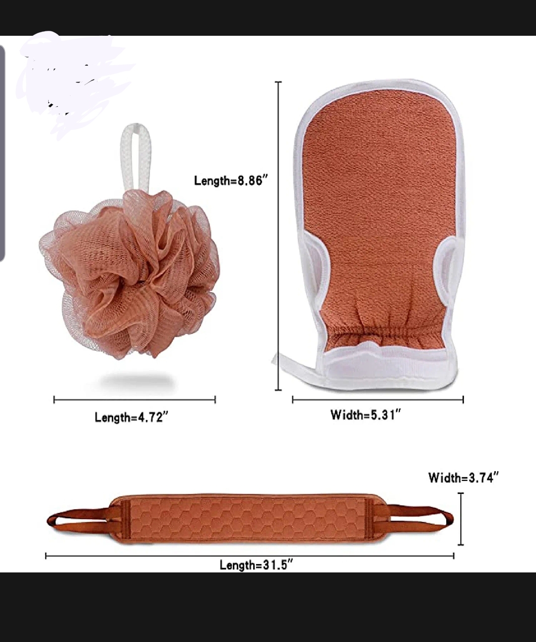 3Pcs Shower Bath Accessories Set – Body Loofah Scrubber, Long Handle Back Scrubber & Exfoliating Glove