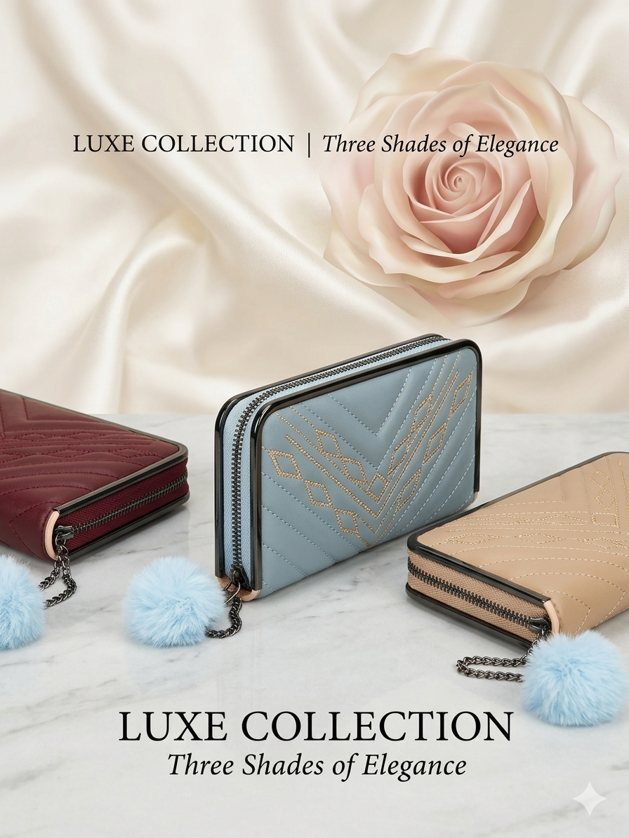 Beautiful Leather Fashion Hand Bags Wallet Clutches With Long Zippe
