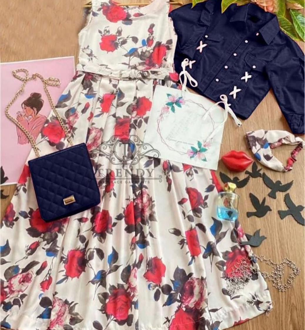 Jacket Style Maxi. Long Maxi with Jacket. Digital Printed Long Flare SleeveLess Belt Attached Maxi With Cotton Koti 2Pcs