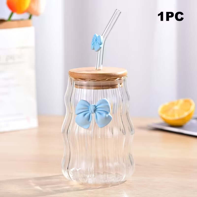 Wavy Bow Glass Tumbler with Bamboo Lid