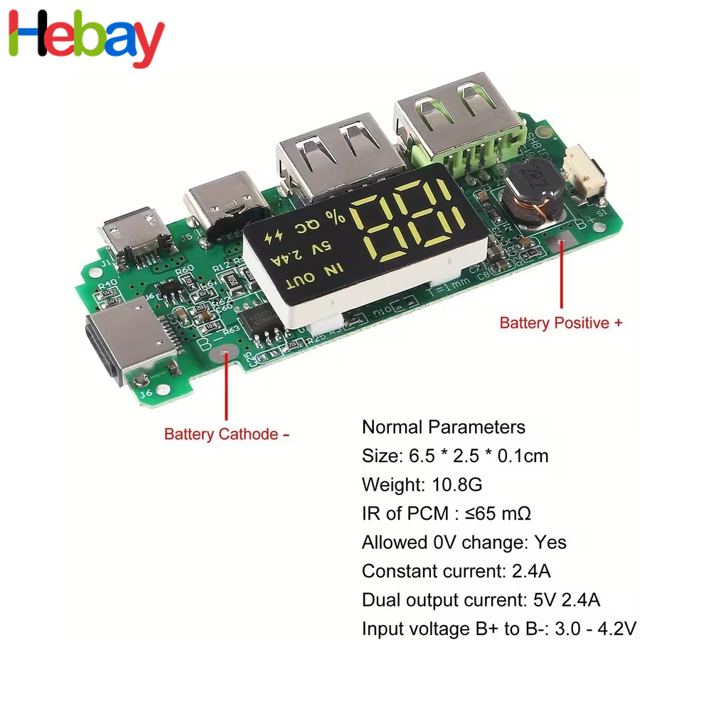 DIY Power Bank PCB Module 5V 2.4A Fast Charging Board with LED Battery Display, USB-A, Type-C, Micro USB & Lightning Input for 18650 Lithium Battery |