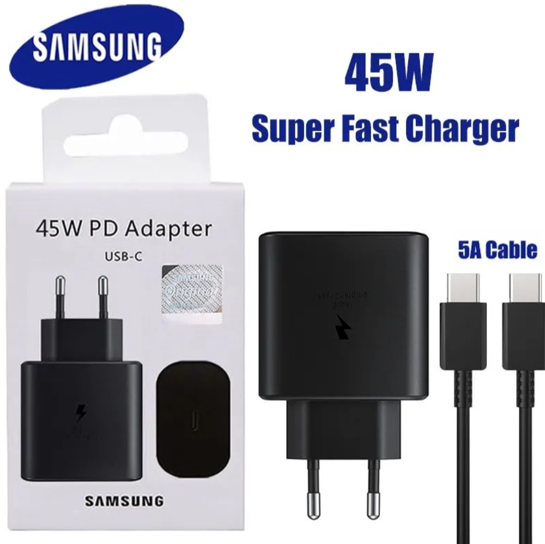 Original 45W Samsung Super Fast PD Charger USB Type-C For Galaxy S24,S23,S22 ,S21,S20 , Ultra S10,S9....,Note 10,Note 20+ _Quick Super Fast PD Adapter & Type C Cable _ Also Support All Android Phones Google pixels