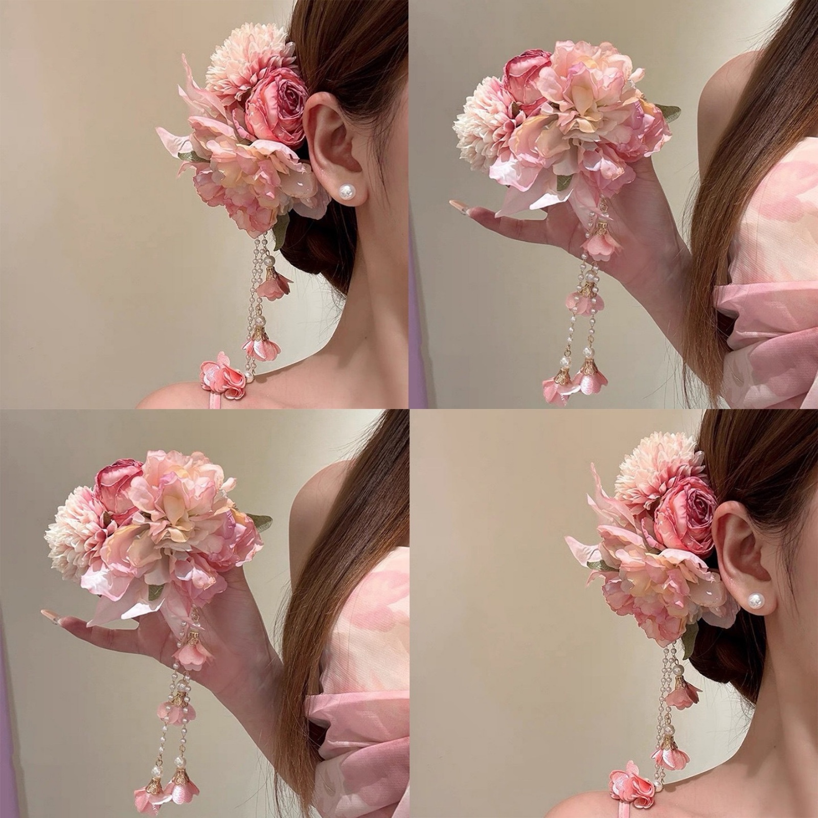 1PC Elegant Pink Floral Tassel Hair Clip For Women Vintage Pearl Flower Hairpin Bridal Wedding Hair Accessories