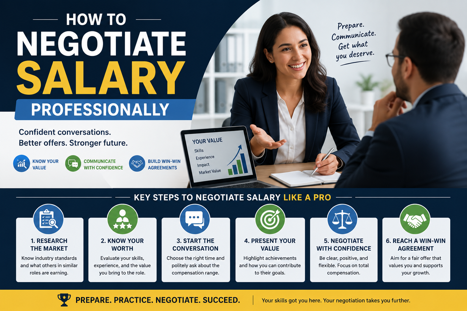 How to negotiate salary professionally – 6 key steps: research the market, know your worth, start the conversation, present your value, negotiate with confidence, and reach a win-win agreement. Includes focus areas: skills, experience, impact, and market value.