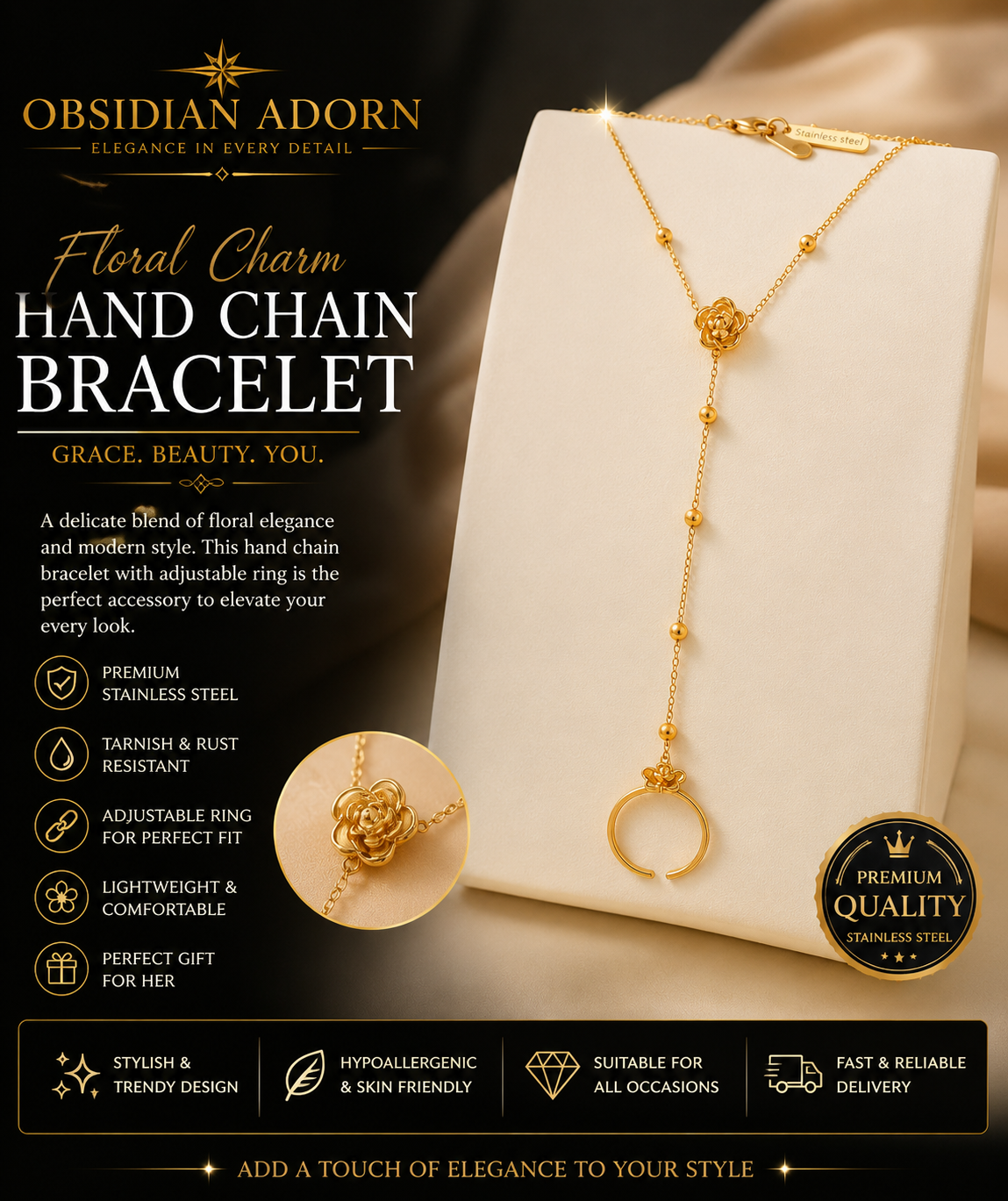 Gold Floral Hand Chain Bracelet for Women | Adjustable Finger Bracelet | Premium Stainless Steel | Tarnish Resistant