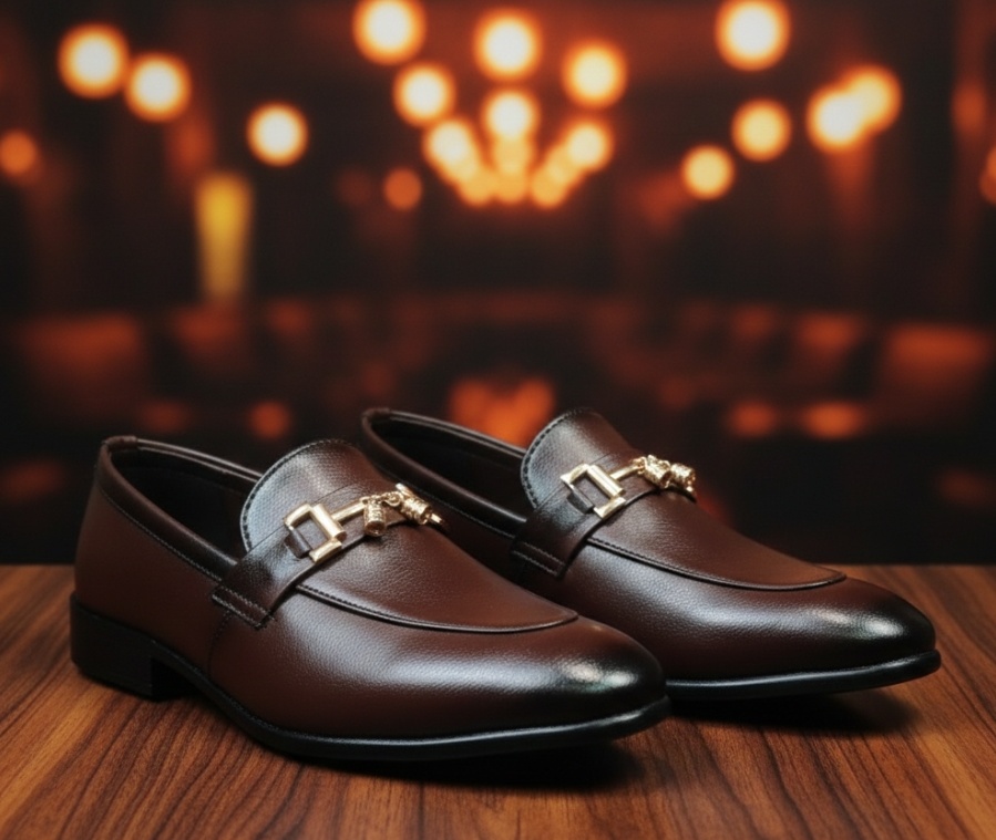 Men’s Black & Brown Synthetic Leather Formal Loafers with Gold Buckle