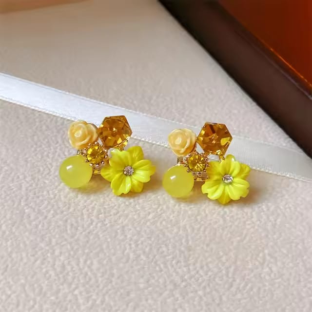 Pink Floral Stud Earrings - Elegant Rose & Gemstone Jewelry New Design Jewelry Ear Ring For Women's