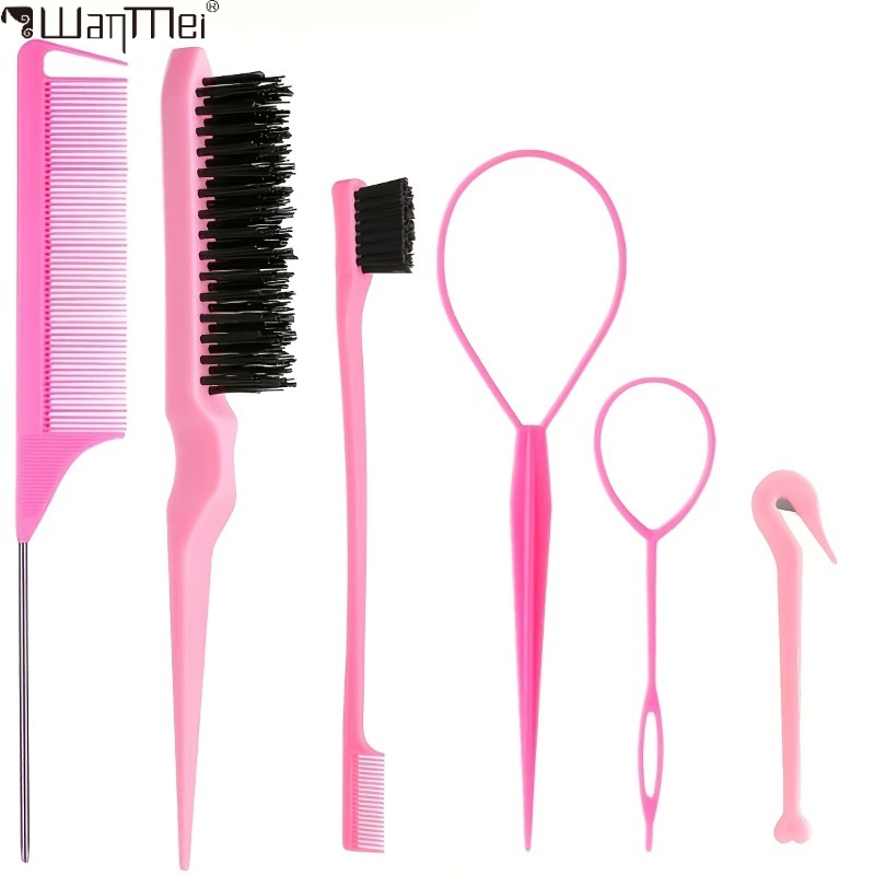 6Pcs Professional Hair Styling Tools Set - Rat Tail Comb, Bristle Brush, Edge Brush, Topsy Tail Hair Tool & Braid Hook Kit