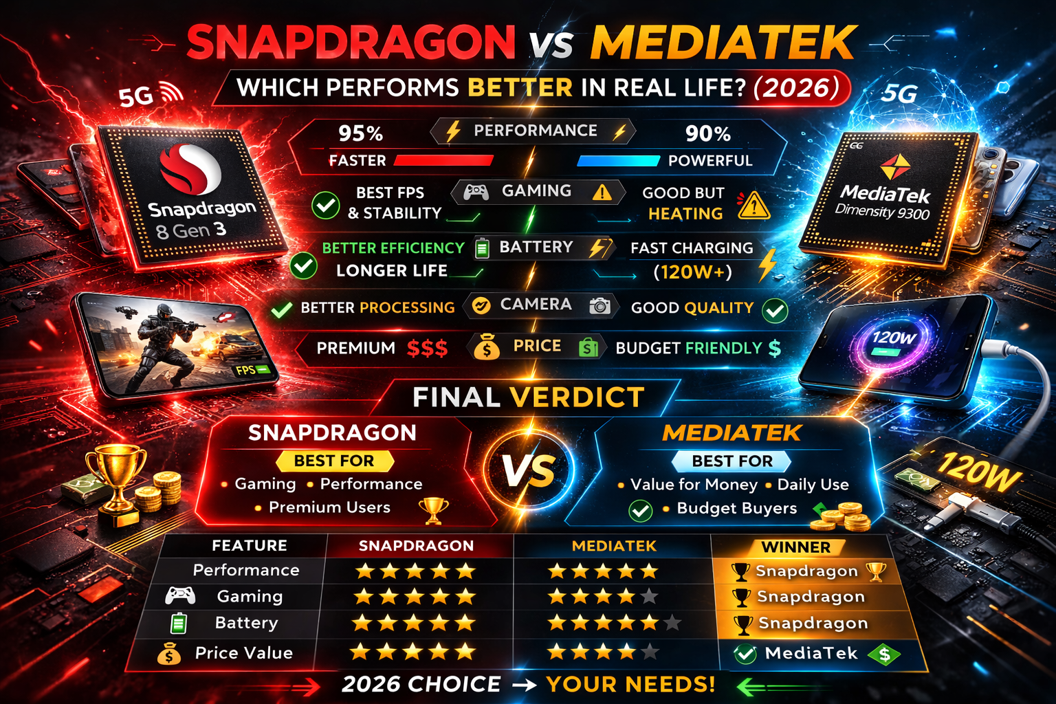 Snapdragon vs MediaTek processor comparison showing gaming, battery, performance and real life usage differences