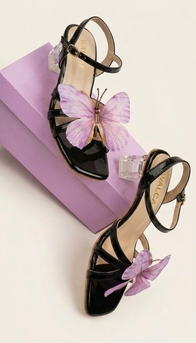 VARCA Butterfly Transparent Block Heels for Women - Clear Glass Heel Sandals for Girls, Fancy Party Wear & Wedding Footwear