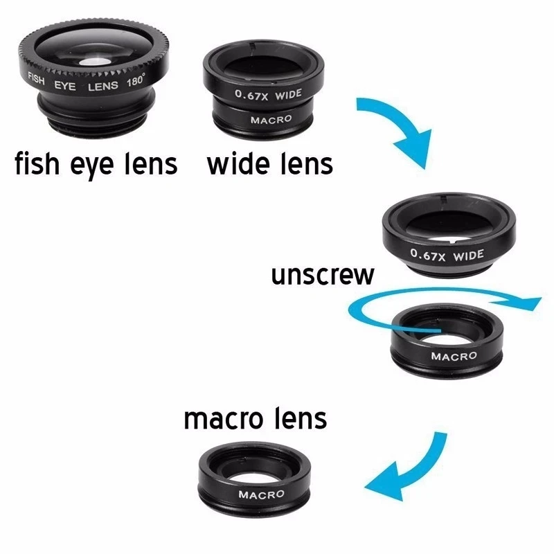 3in1 Fisheye Wide Angle Micro Camera Lens for iPhone  Redmi 3in1 Zoom Fish Eye Len on Smartphone Lenses with Phone Clip