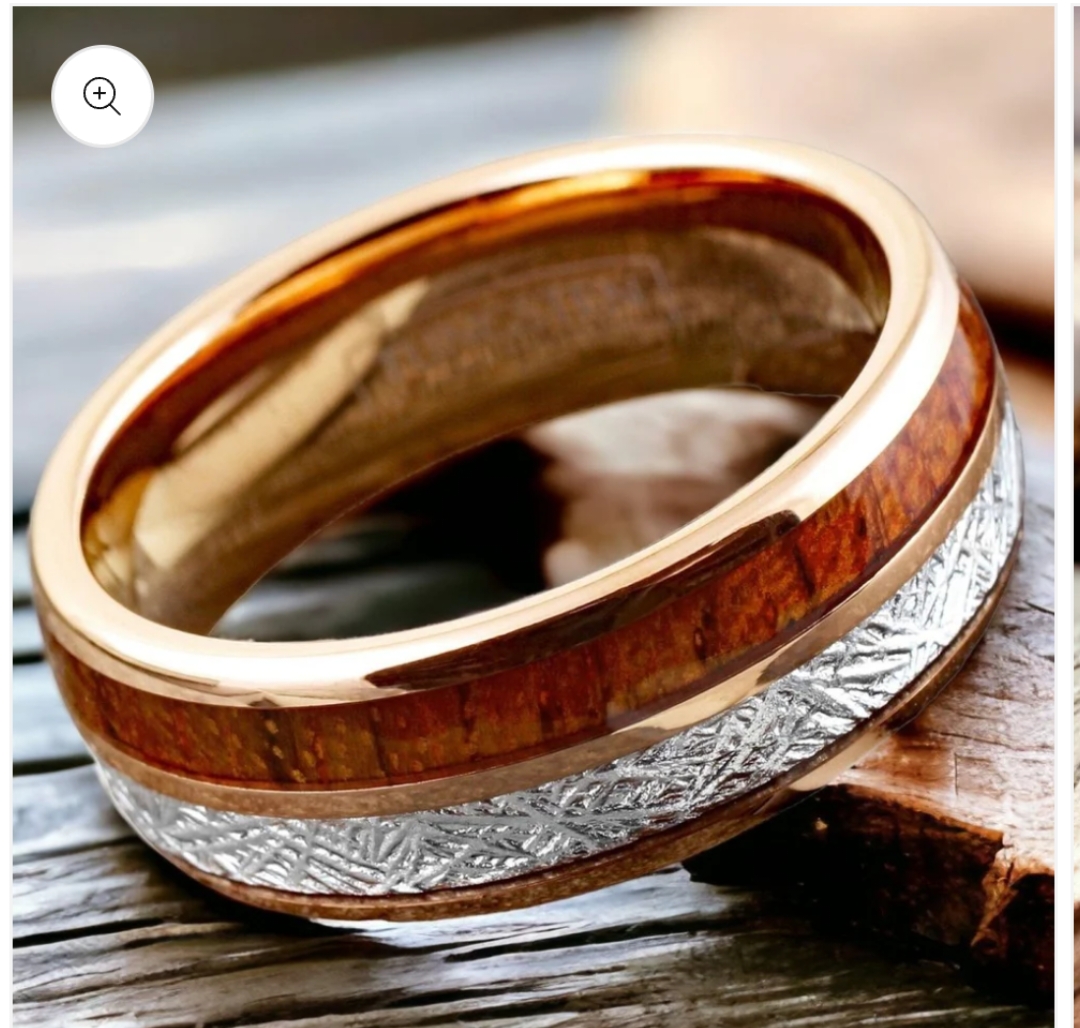 New Trend Mens Wedding Band, Whiskey Barrel Ring, Meteorite Ring, Rose Gold Mens Ring, Mens Promise Ring, Personalized,