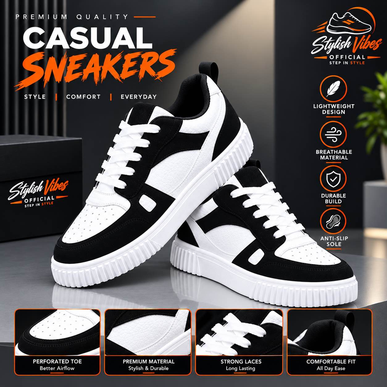 Stylish Black & White Sneakers | Unisex Casual Shoes for Men & Women | Stylish Everyday Joggers | Comfortable Sports Footwear | Premium Shoes | Sneakers for boys & girls