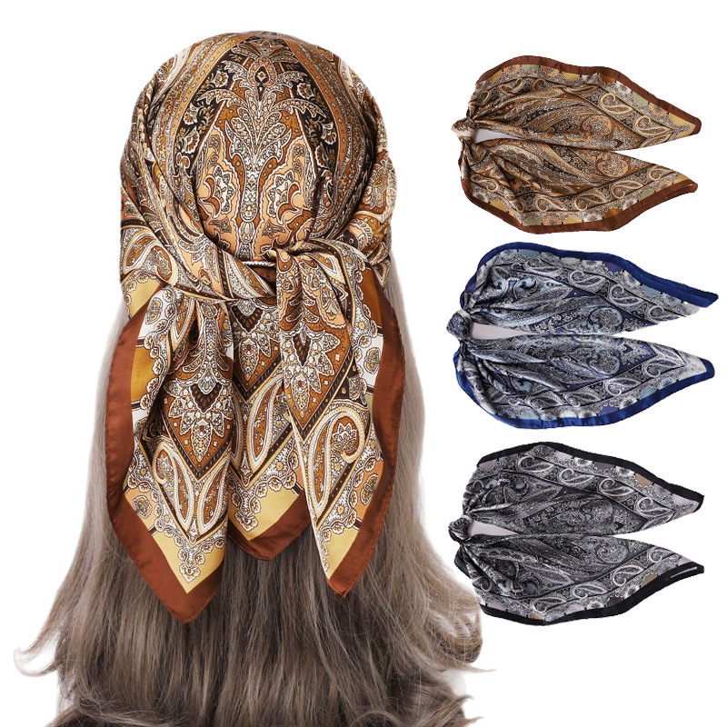 1 Pcs 27.6inch Retro Cashew Printed Women's Silk Hair Scarf Bandana Luxury Square Wrap Neck Scarf for Women Decorative