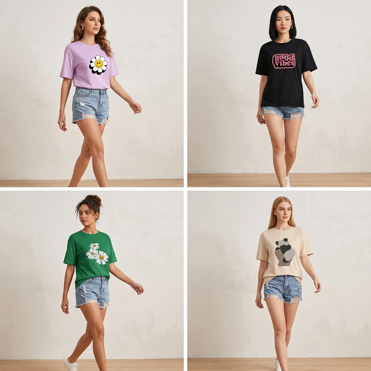 Pack Of Four Women Casual T Shirts A Soft And Comfortable Fabric Trendy Prints And Random Colors Set