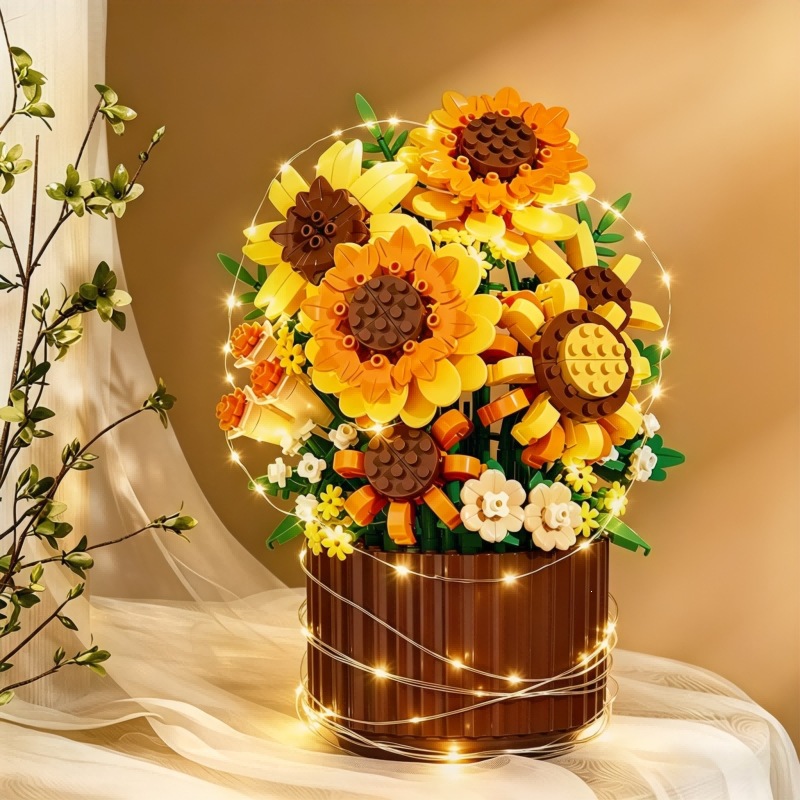 DIY Bouquet of Roses Sunflower Building Block Set Eternal Creative Puzzle Assembly Simulation rose Potted Ornament Home Decor