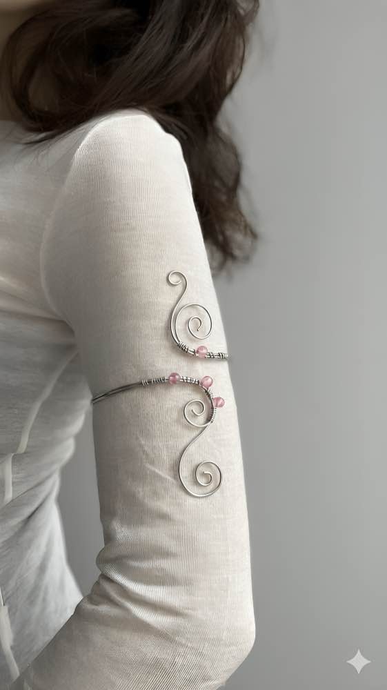 Stainless Steel Arm Cuff Bracelet for Women & Girls | Crystal Bead Adjustable Upper Arm Bangle | Minimalist Aesthetic Handmade Jewelry | Boho Fashion Accessory | Gift for Her