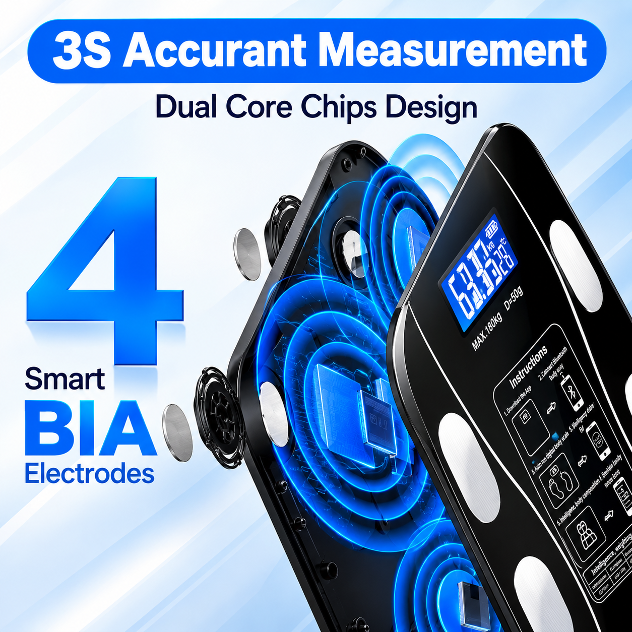 Smart Digital Body Weight Machine Scale 180KG Bluetooth Electronic Weighing Machine Scale with App Sync for Household Use - Body Fat & BMI Measurement, Bathroom Balance Scale Weight Machine For Human Body