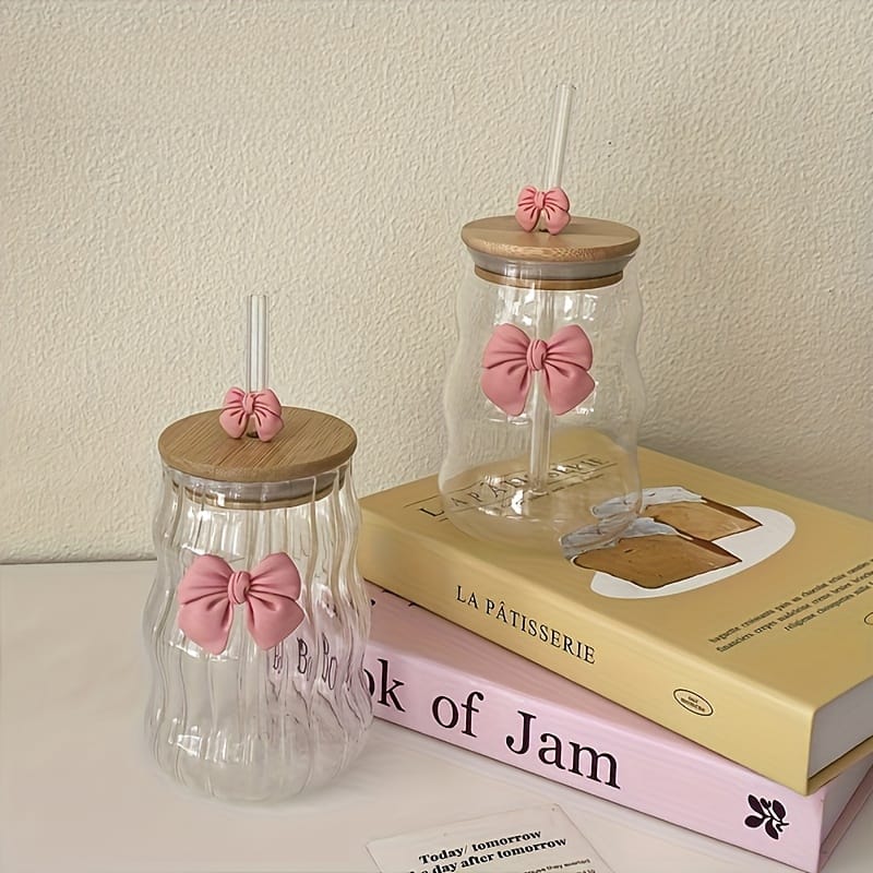Wavy Bow Glass Tumbler with Bamboo Lid