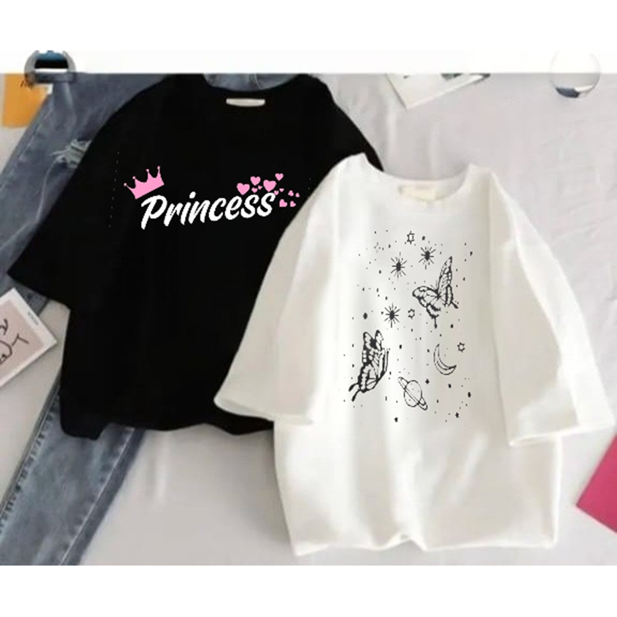 2 in 1 Printed tshirt  for womens half sleeve summer collection black.  white