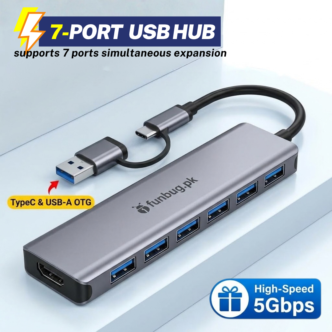 【2in1】 FunBug USB Hub 3.0 (4 Port, 7 Port & 8 Port ) Aluminium Alloy | High-Speed USB Port Extender & Multi-Port Splitter Adapter for PC Laptop & Mobile OTG | Ultra-Slim USB Extension for Windows, Android, Gaming Mouse & Keyboard - Black