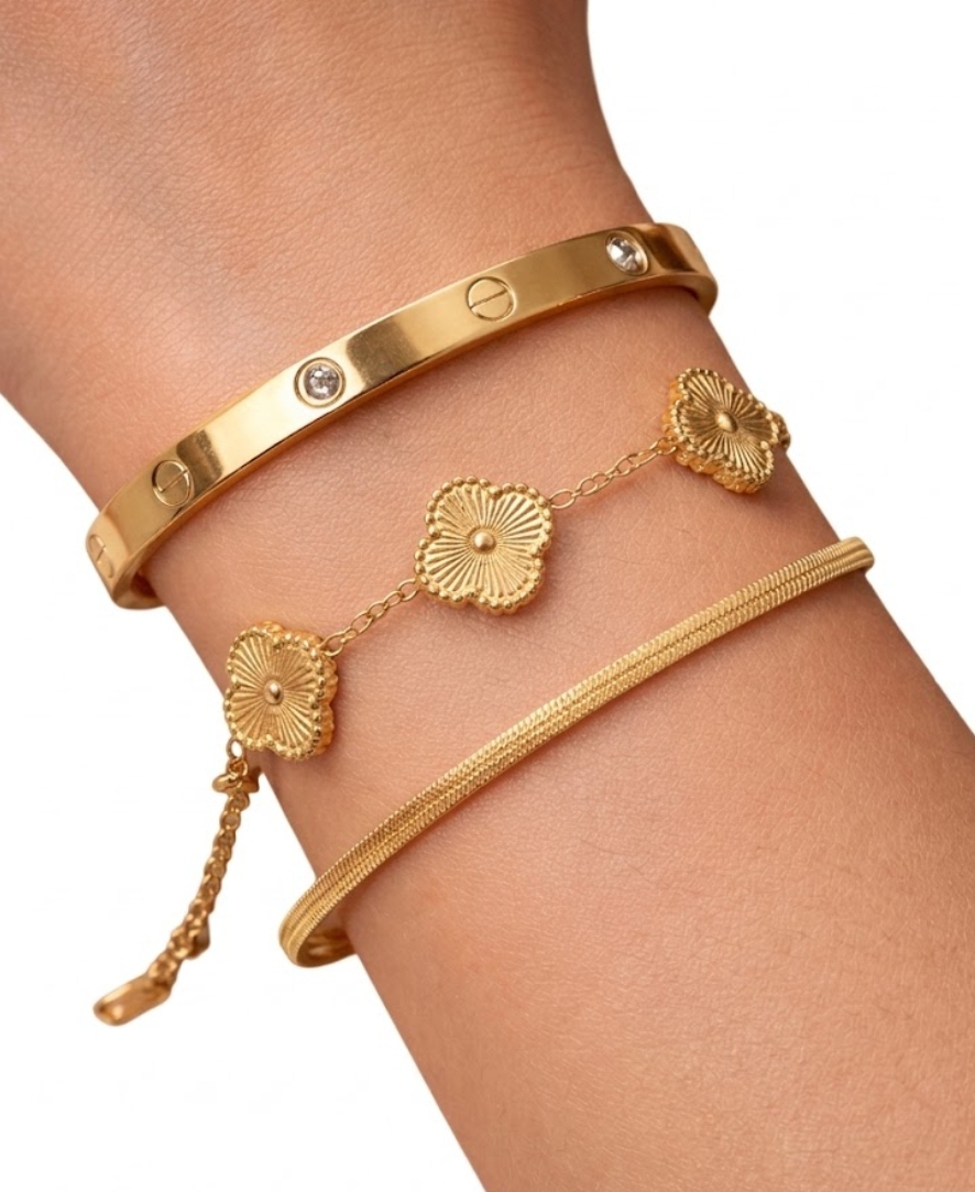 3 Pcs Stainless Steel Bracelet Set for Women – Gold & Silver Variants – Adjustable Chain, Flower Design & Crystal Bangle