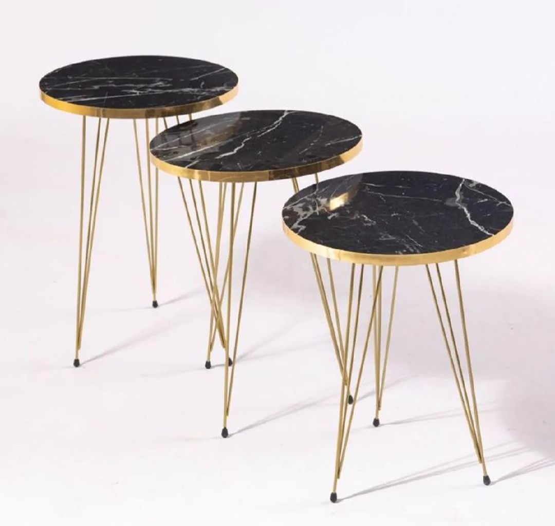 1 PCS - SET OF THREE PCS ROUND MARBLE COFFEE TABLE HIGH GLOSS NESTING- ROUND STACKING COFFEE SIDE TABLES WITH THREE STYLISH METAL LEGS FOR HOME & OFFICE.