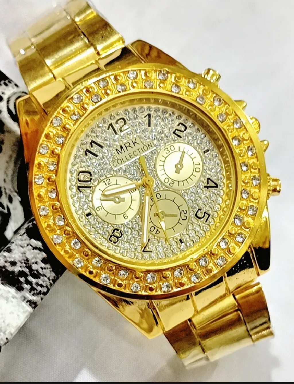 PACK OF 2 /TOP TRENDING  HIGH QUALITY LUXURY STONE WATCH WATCH DEAL-TOP FASHION GOLDEN ROUND WITH WHITE ZIRCONIA CROWN WATCH+STAINLESS STEEL CUBAN LINK HEAVY BRACLATE FOR MEN- BEST GIFT FOR WEDDING ENGAGEMENT CASUAL  WATCH DEAL FOR MEN