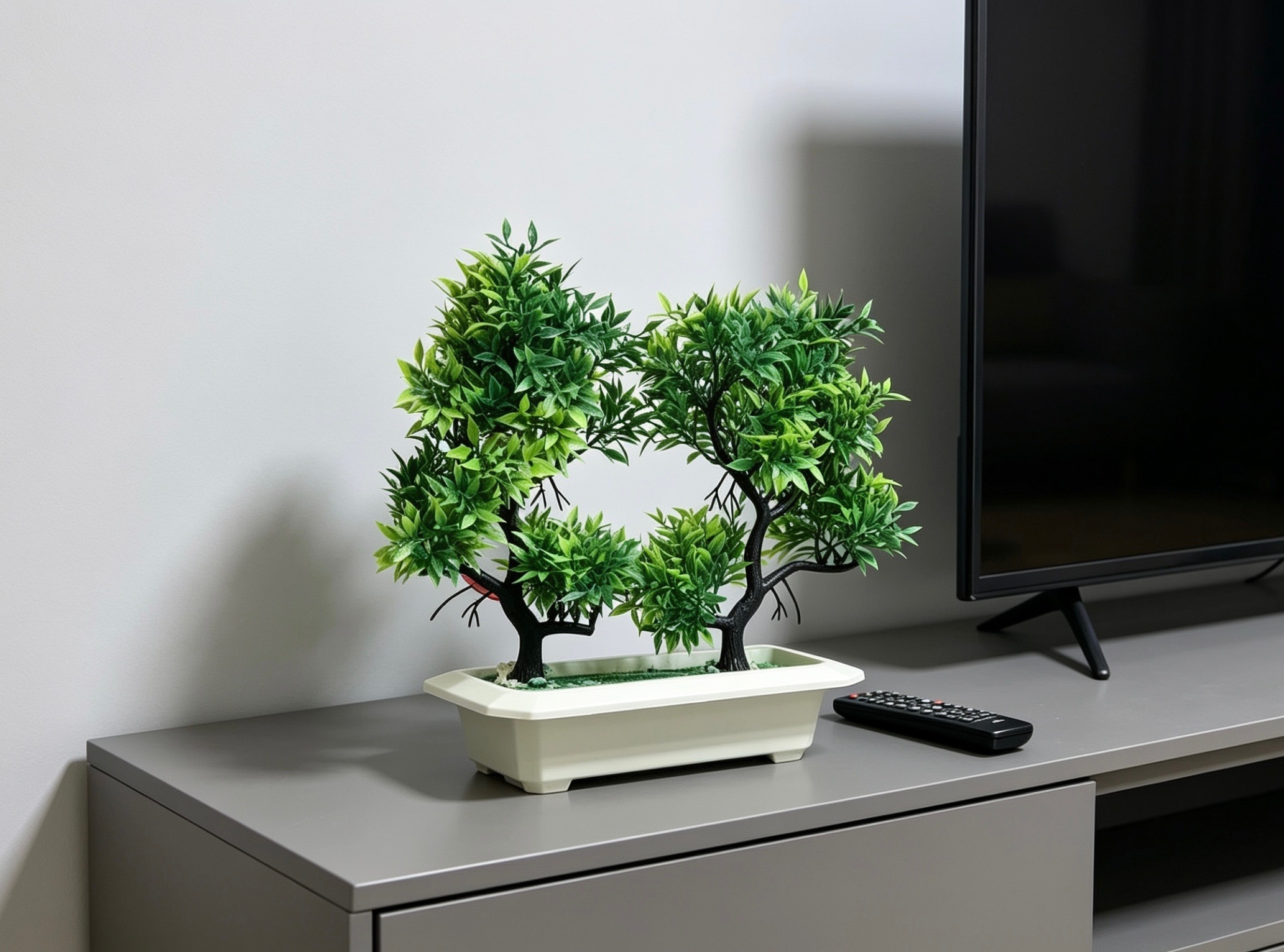 Decorative Artificial Bonsai Tree, Twin Tree, Bonsai tree Artificial, with Sleek White Tray Pot - Japanese Style Fake Plant Decoration Piece for Living Room, Office Desk, and TV Console Decor