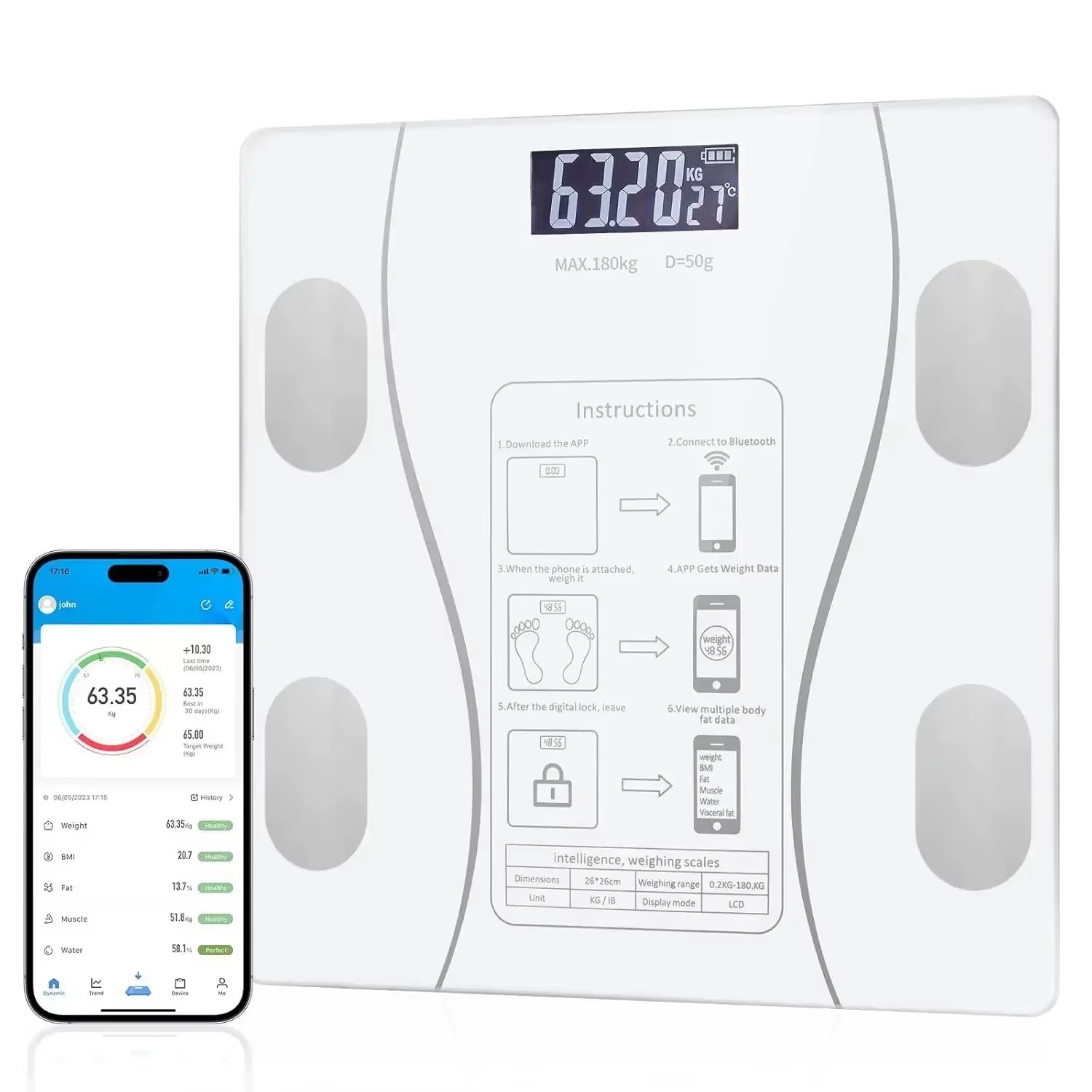 Electronic Digital Body Weight Scale 180kg | Tempered Glass Bathroom Weighing Machine | Body Weight Scale Smart LED Display Health Weight Scale | Household Personal Body Weight Machine | Accurate Digital Weighing Scale for Home Gym