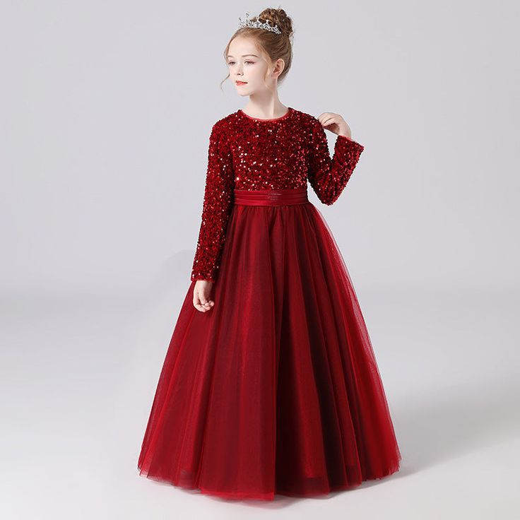 Red tulle long sleeve floor length flower girl dress with sequins