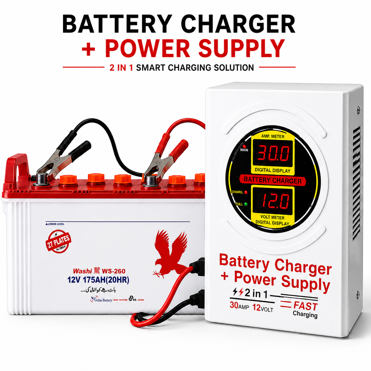12 Volt 30Amp Smart Batttery Charger + Power Supply Automatic Shut Down On Fully Charge With Digital Display Screen