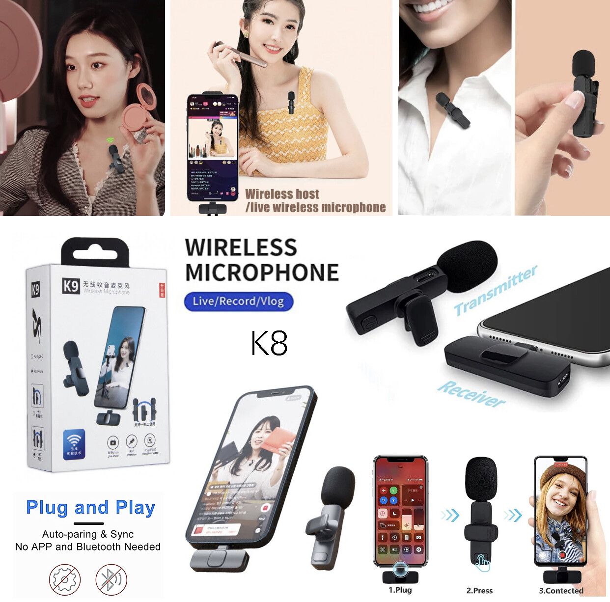 K8 Mic Wireless Microphone_Vlogging Mic With ANC(Active Noise Cancellation)_Accessories Vedio For Type-C ,Android,Lightning & 3.5mm Jack