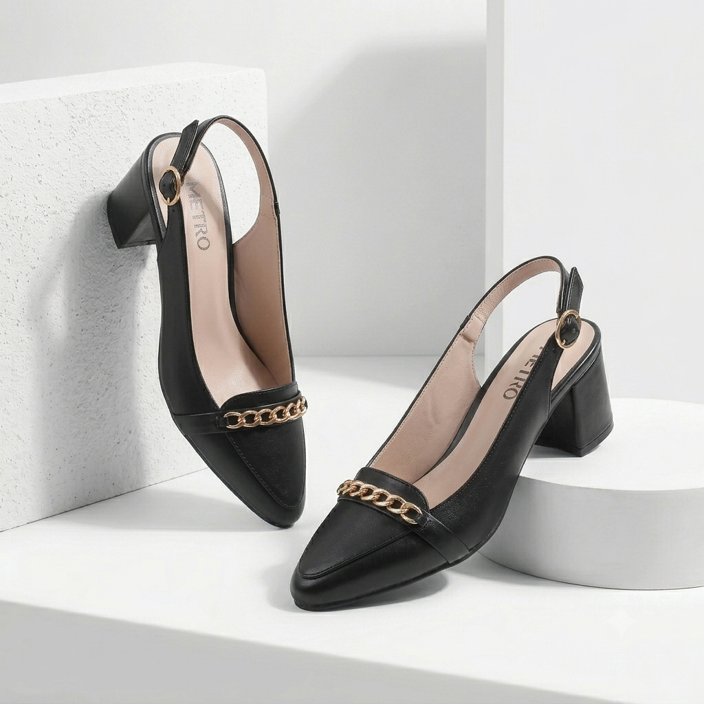 Women's Elegant Pointed-Toe Slingback Block Heels Shoes – Chic Gold Chain Accent Dress Court Shoes & Pumps in Multicolors