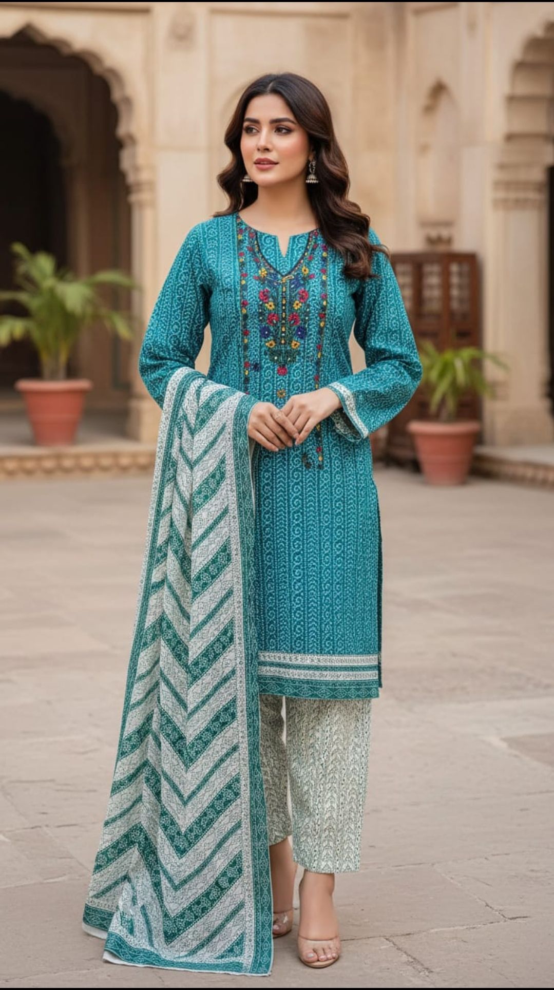 Beautiful Embroidered 3 Piece Unstitched Suit Multicolor Soft Cotton Fabric For Women