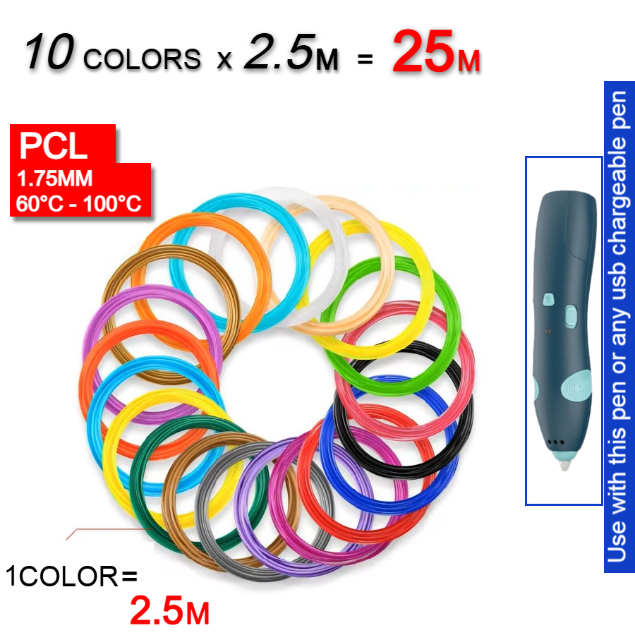 3D pen Wire 3D Pen Filament Refills 1.75mm PCL Wire for 3D Printing Pen, Educational 3D Pen Wire 3D Doodler Pen & 3D Pen Refill Kit – Multicolor Non-Toxic Eco-Friendly Plastic – Smooth Drawing for Kids & Artists – Pack of 3, 5, 10, 20 (2.5m Each Roll)