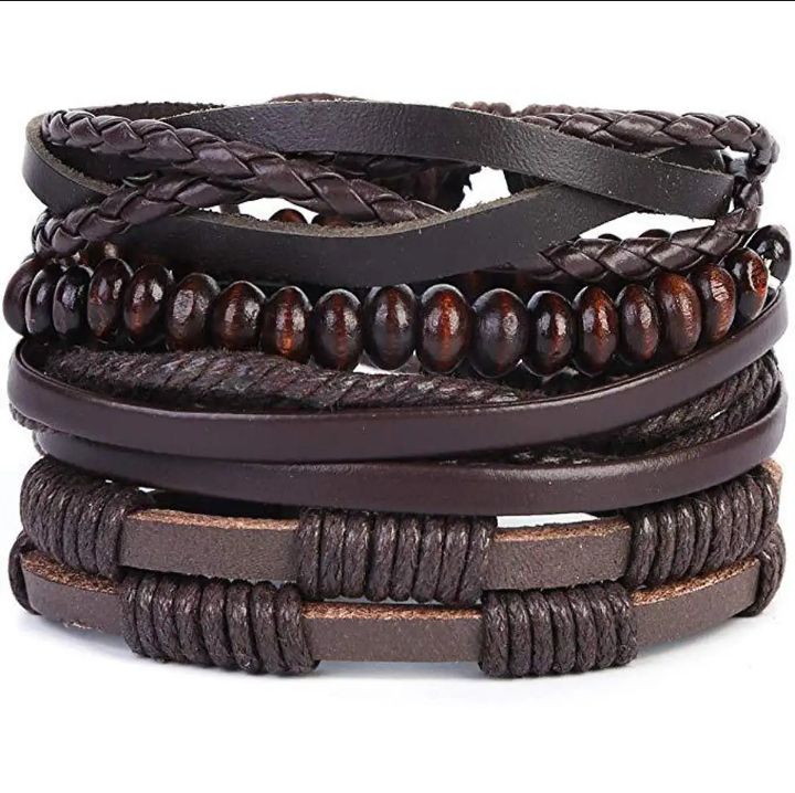 Pack Of 4 - Dark Dual Colour High Quality Black And Brown European Vintage Leather Bracelets Adjustable size For Men And Boys