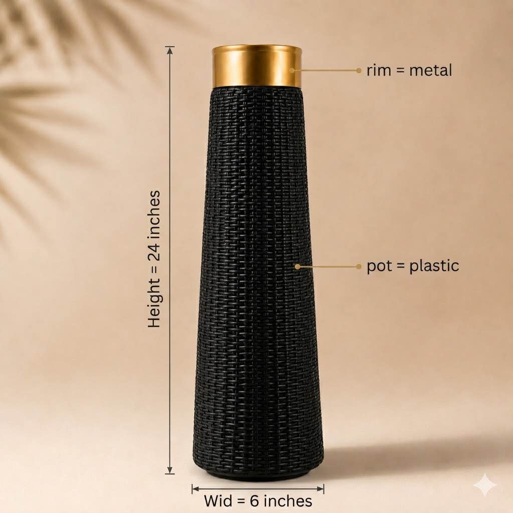Luxury Black / White Woven Vase with Gold Rim (H=24inches , W= 6 inches)– Modern Decorative Table Accent Floor Planter