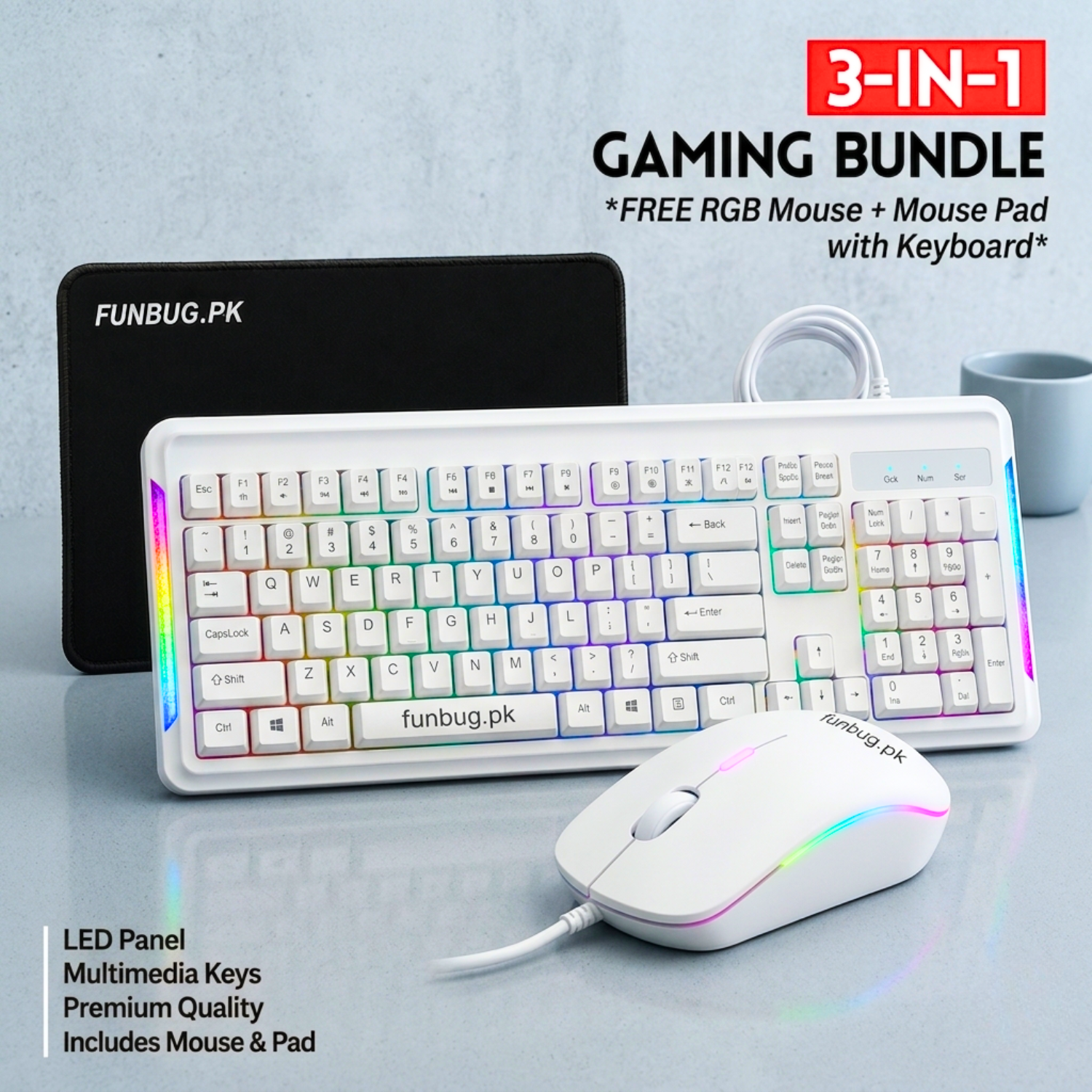 FunBug Waterproof Gaming Keyboard and Mouse Combo with RGB Side LED Panel - Mechanical Feeling Wired Keyboard & 2400 DPI Mouse with FREE Mouse Pad for Pubg Mobile, Laptop, PC Computer - 3 in 1 Gaming Bundle -Black, White, Green