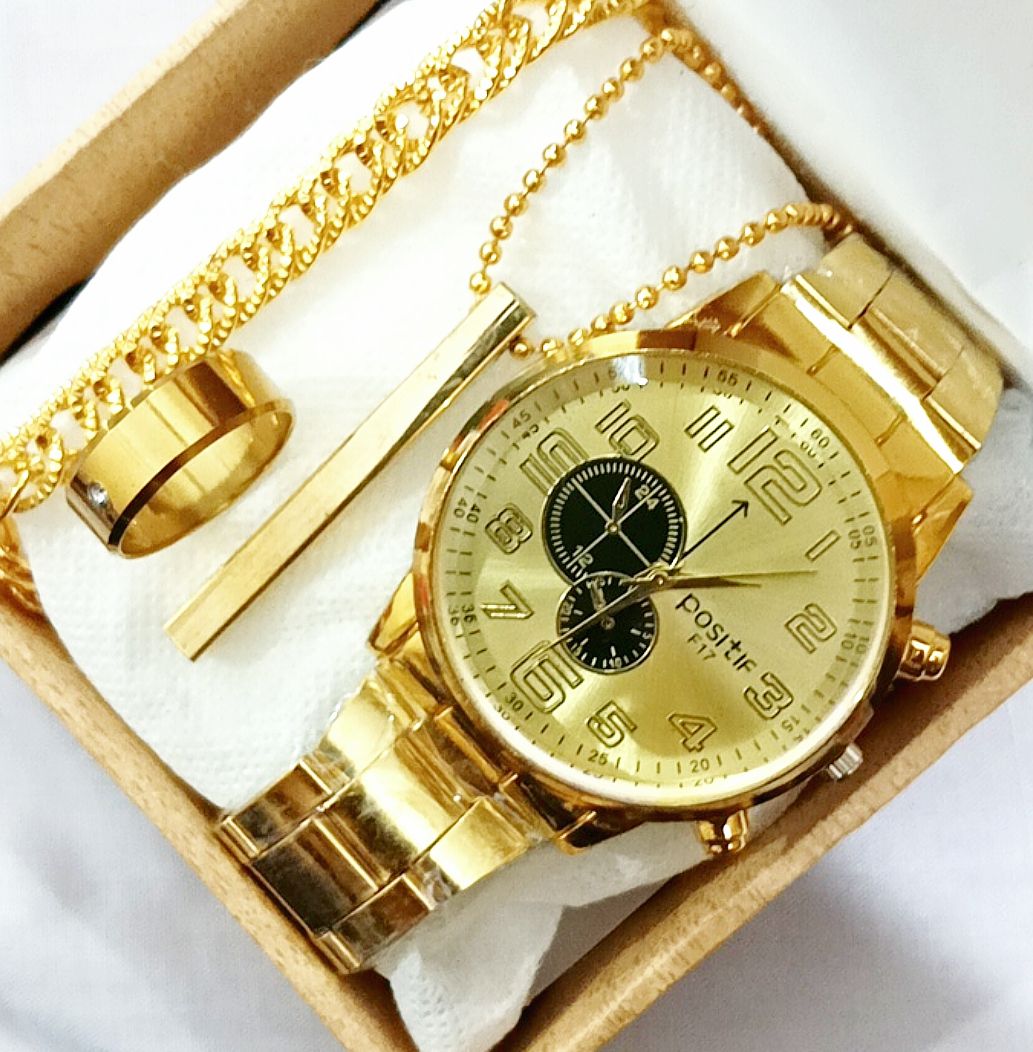 4pc/Mems Wedding Watch Deal -Top Fashion High Quality Golden stainless steel Casual Watch+Titanium Ring+3DBar Stick Locket +Chain BracletFor Men/Boys -Mens Luxury Watch Deal