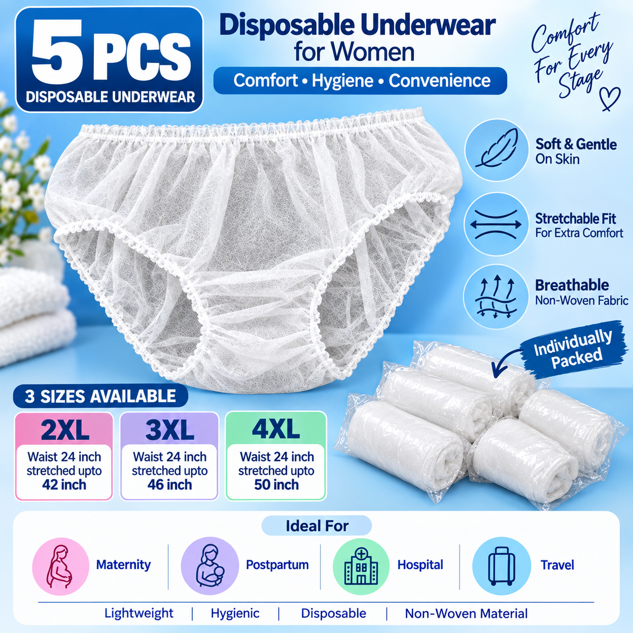 5 pcs  Women Disposable Underwear - Panties - non woven panty - Sizes: 2XL 3XL 4XL