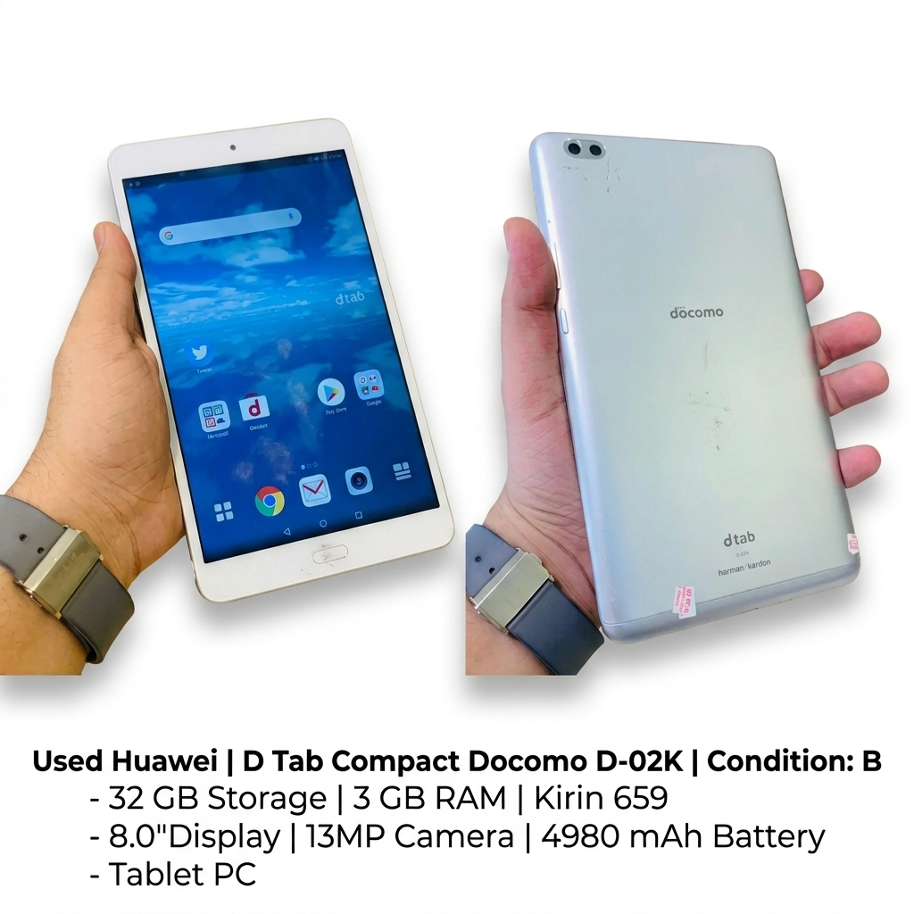 Huawei | D Tab Compact Docomo D-02K | 32 GB Storage | 3 GB RAM | Kirin 659 | 8.0″Display | 13MP Camera | 4980 mAh Battery | Tablet PC | Used B Condition
