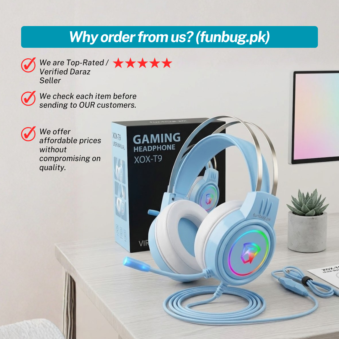 【Professional】 G60 Gaming Headphones Rgb with Mic for PC, Pubg Mobile, PS4, Laptop - 360 Surround Sound Super Bass Vibration Over the Ear Wired Head Phones Headset for Gaming with Noise Cancelling Micophone - By FunBug