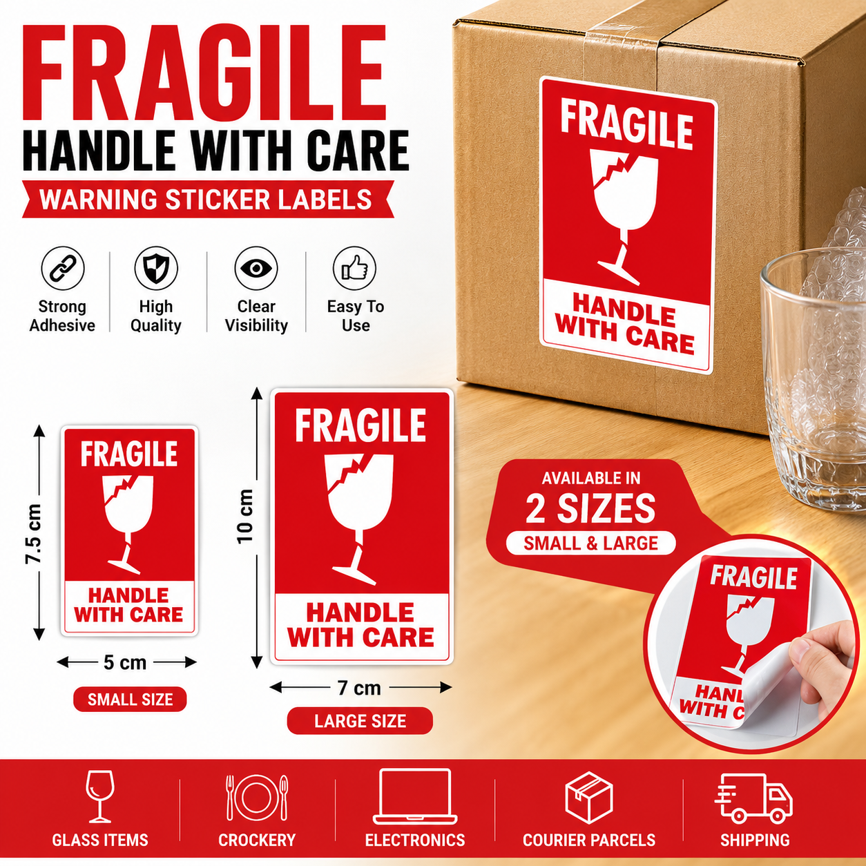 100 PCs Fragile Handle With Care Sticker Labels Small & Large Size Packing Warning Stickers for Glass Items Courier Packaging Moving Boxes Shipping Safety Labels Adhesive Fragile Tape for Parcel Packing Office Warehouse Home Use Breakable Item