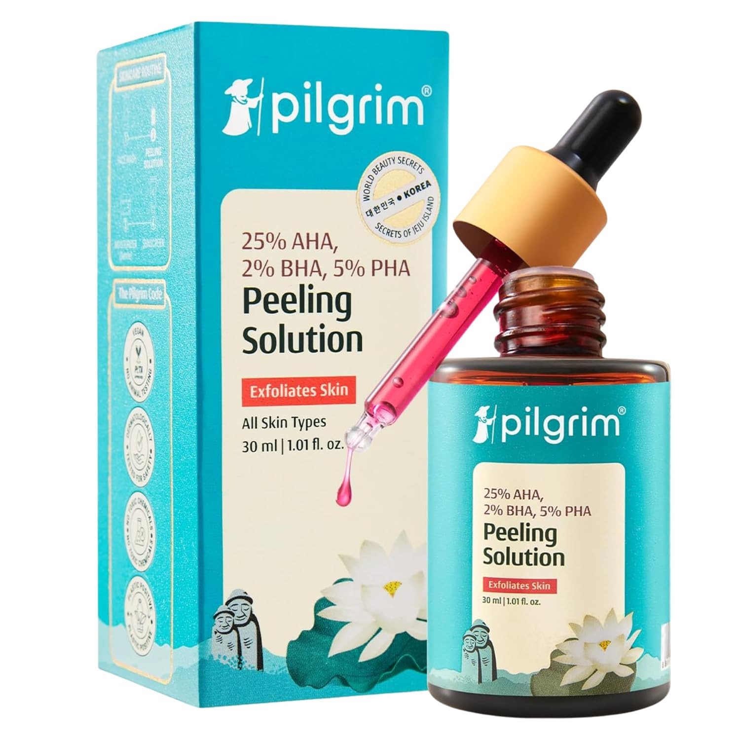 Pilgrim 25% AHA + 2% BHA + 5% PHA Peeling Solution 30ml For Face & Body |10-Minute Facial At Home Gentle Exfoliating Serum For Tan Removal |For Glowing Skin Even Skin Tone, Pore Cleansing |Men, Women
