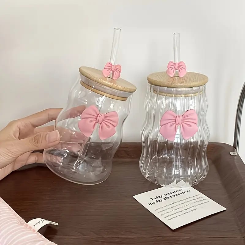 Wavy Bow Glass Tumbler with Bamboo Lid