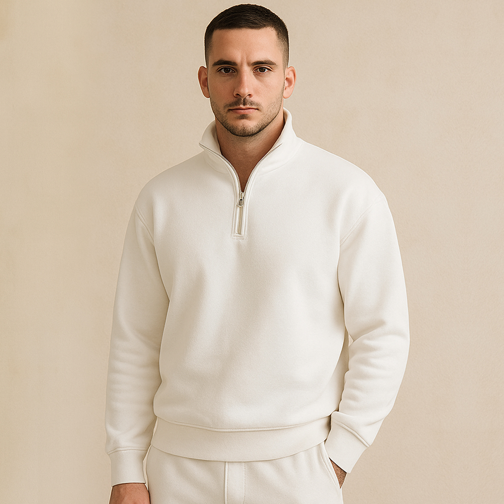 White Men Classic Quarter Zip-Up Fleece Sweatshirt For Men - Zipper Shirt For Men - Dress For Boys - Winter Clothes For Men - Winter Clothes For Boys - Boys Sweatshirt - Hoodies For Boys - Hoodies For Men