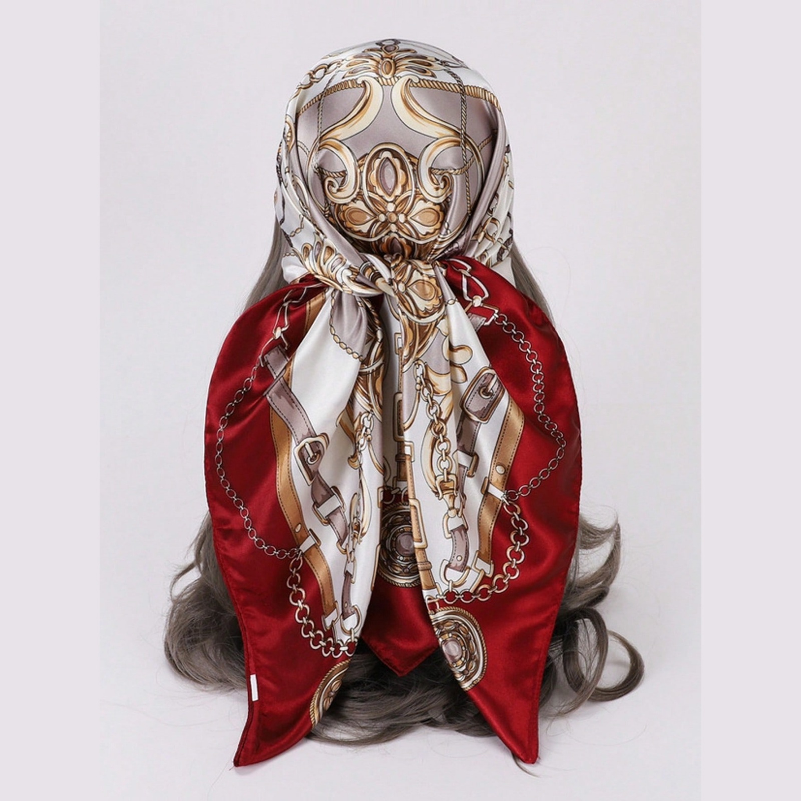 Pink Silk Scarf Hair Wrap, Vintage Chain Pattern Elegant Satin Headscarf, Large Square Hair Scarf For Women, Stylish Hair